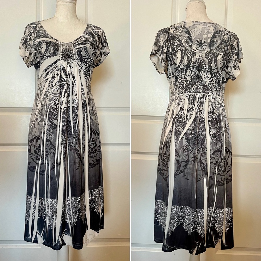 Vtg Y2K Boho Apt.9 Midi Stretch Dress Gray White Pattern Dye Print Scoop Neck MD